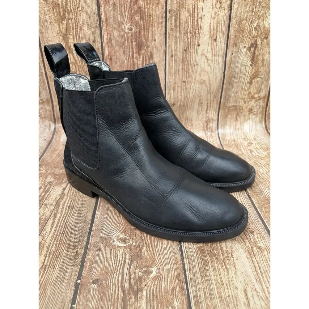 Zara Woman Black Leather Suede Chelsea Ankle Boots Pull On Round Toe SIZE 5.5